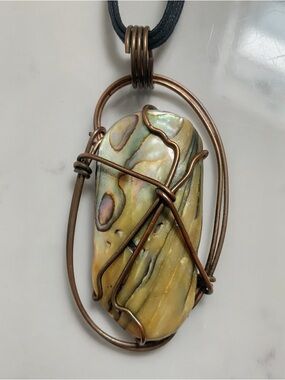 Copper Wire Wrapped Abalone Shell Pendant Necklace New